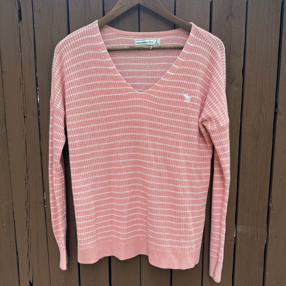 Abercrombie & Fitch Pink Striped V-Neck Lightweight Sweater Size Small